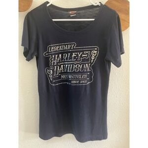 Vintage 2007 Harley Davidson T-Shirt Womens S Navy Blue Silver Cox's Asheboro NC
